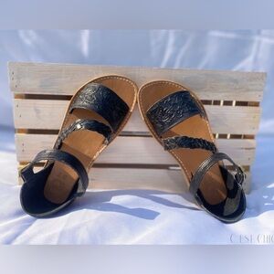 Black Tooled Artisan Handmade Huarache Sandals​